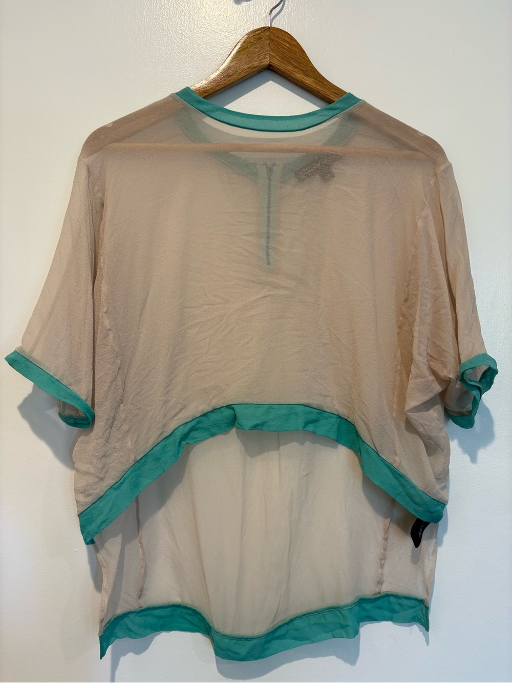 Silk Elizabeth and James Y2K Western Boho Tan Sheer High-Low Tunic w/ Teal Trim